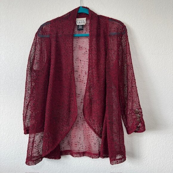 Keren Hart Open-Knit Cardigan, Burgundy Cotton Blend Womens Size Large - Picture 1 of 7